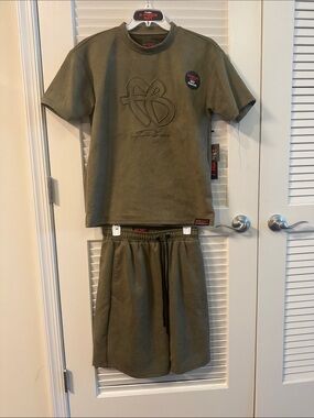 FUBU Olive Green Suede-like 2-piece set,t-shirt with an embossed logo/w Shorts.